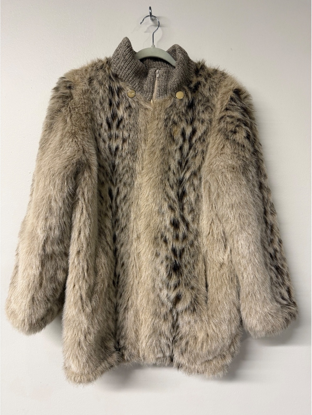 Vintage Monterey Fashion Faux Snow Leopard Lynx Fur Coat Jacket Knit Collar M 14